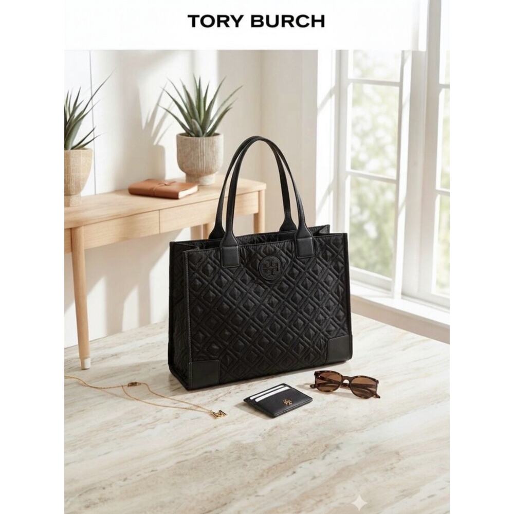 Tory Burch Ella Quilted Black Tote - Polished & Functional Everyday Bag